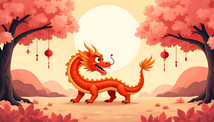 Cartoon dragon standing in autumn landscape with lanterns and sun  