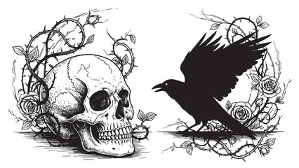 Naklejka premium Hand-drawn human skull and raven silhouette entwined with thorny rose vines in a gothic, macabre, black and white engraving style illustration perfect for a tattoo