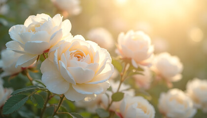 White roses blooming in sunlight with soft, pastel background  