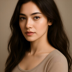 Young oriental woman with long dark hair and open neckline posing on a neutral background