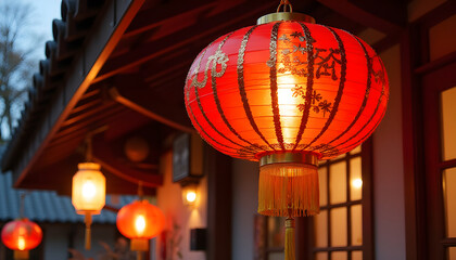 Red Chinese lanterns glowing at dusk in traditional setting  