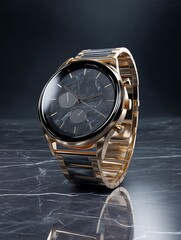 Sophisticated Timepiece on Marble Surface: A captivating close-up of an elegant, golden wristwatch rests gracefully atop a luxurious marble surface, showcasing its intricate design.