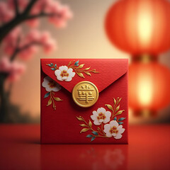Red envelope with floral design on festive background with lanterns  