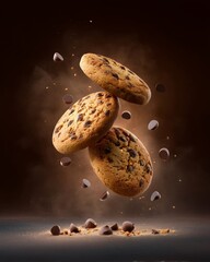 Chocolate Chip Cookie Ascension: Three delectable chocolate chip cookies levitate in mid-air against a deep brown backdrop, surrounded by scattered chocolate chips.