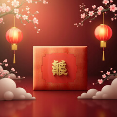 Red gift box with Chinese characters and decorations for celebration  