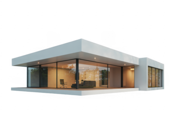 Modern white minimalist architecture house with large glass windows and interior furniture isolated on a transparent background
