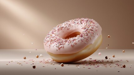 Donut Delight: A freshly baked, light-golden donut, delicately glazed with a vibrant pink frosting and adorned with sweet sprinkles, promising a moment of pure indulgence and delight. 