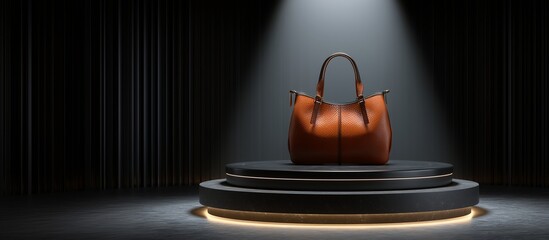 Luxury in the Spotlight: An elegant, brown leather handbag, the epitome of sophistication and style, is showcased under a focused spotlight on a minimalist pedestal.
