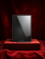 Modern Tablet Elegance: The sleek tablet stands proudly on a rich, velvet-covered pedestal, exuding sophistication and showcasing cutting-edge technology.