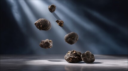 Mysterious Stone Encounter:  A captivating display of multiple enigmatic stones levitating in a dynamic dance of shadow and light, set against a backdrop of ethereal beams.