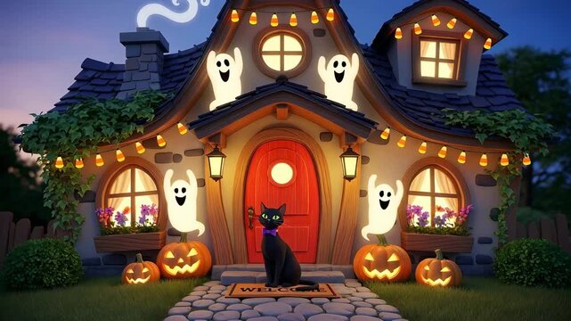 A whimsical, family-friendly shot of a cute, storybook cottage. The decorations are non-scary friendly ghost cutouts, smiling pumpkins, and colorful candy corn lights