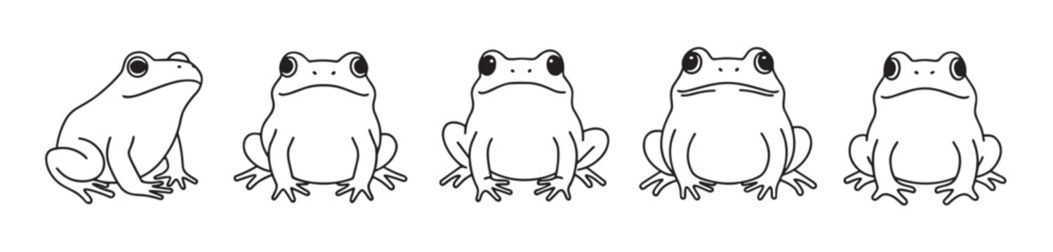 Five cute cartoon frogs sitting in a row in a simple black and white line art style, a minimalist vector illustration of amphibians with various funny expressions