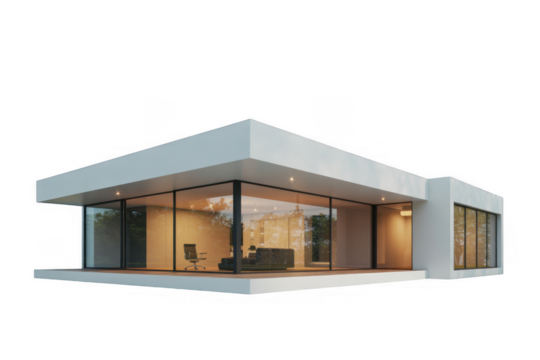 Modern white minimalist architecture house with large glass windows and interior furniture isolated on a transparent background