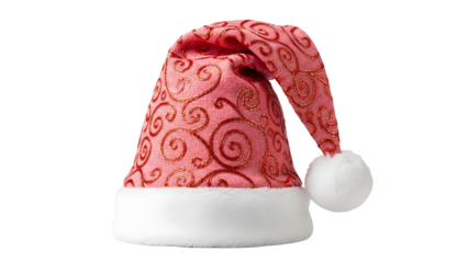 A unique light red Santa Claus hat with a delicate floral pattern, isolated on a transparent background for Christmas design.