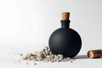 Round black flask sealed with a cork stopper rests near spilled gray powder against a white background.