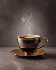 Steaming Coffee in Elegant Cup: The rich aroma of fresh coffee wafts from an ornate gold-trimmed cup, creating an inviting moment of comfort and warmth. A simple pleasure in perfect lighting.