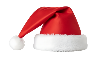 Red Christmas elf hat with white fur, isolated with clipping path. Santa Claus helper or festive elf costume accessory on transparent PNG background.