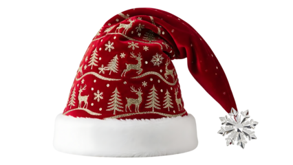 Unique Santa hat with floral pattern, isolated on transparent background. Festive Christmas and New Year celebration concept for holiday design.