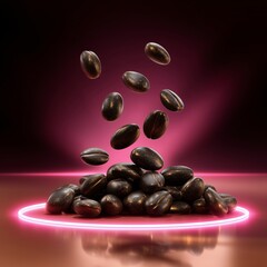 Coffee Bean Avalanche: Coffee beans cascade in a dynamic display, forming a captivating pile. Illuminated by a striking pink neon light and reflective surface.