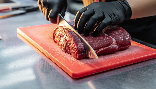 Chef slicing flavorful raw beef tenderloin with sharp knife on vibrant red cutting board, preparing gourmet steak for upscale dining, culinary excellence - Powered by Adobe