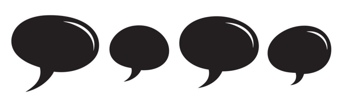 Four black speech bubbles in a row for communication and dialogue, featuring a simple graphic style with glossy highlights for various design and messaging concepts