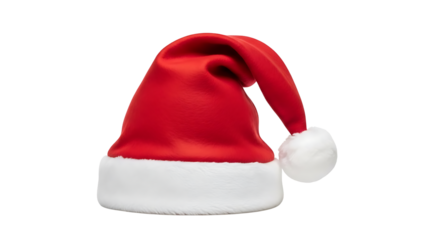 Santa Claus hat isolated on transparent background for Christmas and New Year celebration design. Festive red and white seasonal cap.
