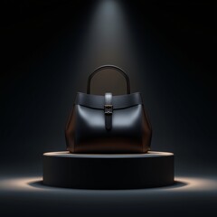 Elegant Handbag Display: A stylish black handbag, expertly displayed on a sleek, elevated pedestal, commands attention under a dramatic spotlight.