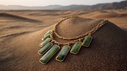 Exquisite Treasure in the Sands: A captivating display of a finely crafted necklace, elegantly posed amidst the undulating beauty of a desert landscape.
