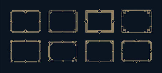 Art deco frames in gold color, line art vintage borders, elegant wedding frames, antique design elements, decorative dividers, isolated vector illustration.