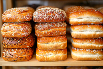 Freshly baked bread rolls on display in a bakery shop Generative AI