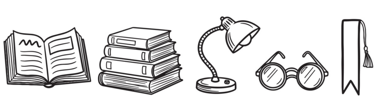 Set of hand drawn reading icons including an open book, a stack of books, a desk lamp, glasses, and a bookmark in a black and white doodle sketch style illustration