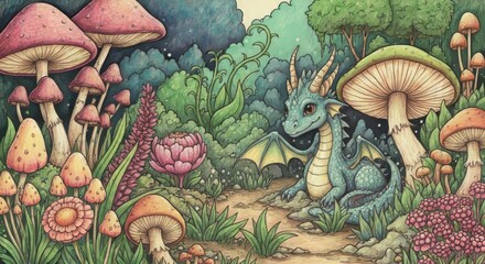 Fototapeta premium Enchanted Forest Scene with Colorful Mushrooms and Fantasy Dragon