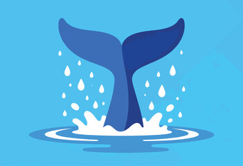 A stylized blue whale tail breaches, creating water splashes and droplets. Clean graphic design with textured background