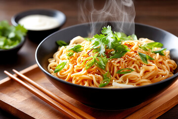 Delicious steaming bowl of noodles topped with fresh herbs and spices Generative AI