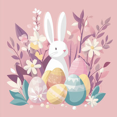 Happy Easter, Modern flat design with flowers, eggs and bunnies, pastel colors. Vector illustration 