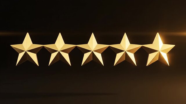 Five golden stars glowing with shine and glow, symbol of excellence and achievement, five star rating representing success and high quality performance in sleek modern style