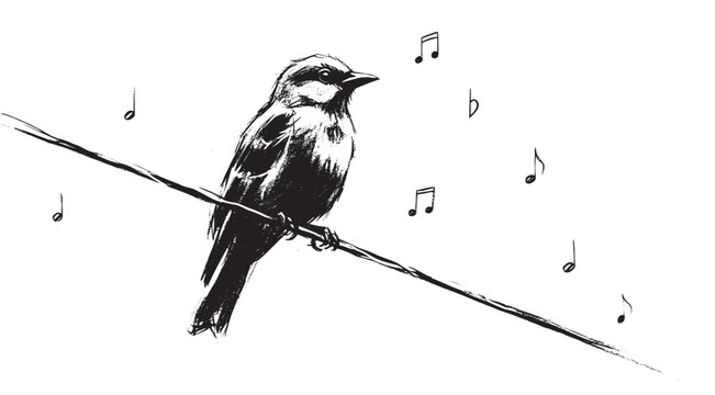 Black and white ink sketch of a little songbird perched on a wire, singing a cheerful melody with hand-drawn musical notes floating around in a charming graphic style
