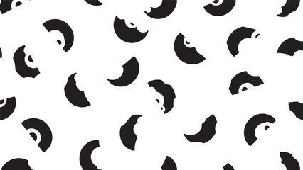 Black and white seamless pattern with bitten donuts in a minimalist graphic style, a playful and modern abstract illustration for textile or wallpaper design