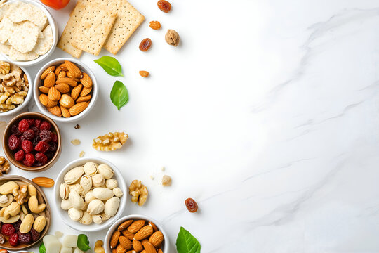 Healthy Nuts Seeds And Dried Fruits Flat Lay On White Marble With Copy Space