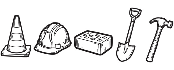 Obraz premium Set of hand-drawn construction tools and equipment including a cone, hard hat, brick, shovel, and hammer in a simple black and white line art sketch illustration