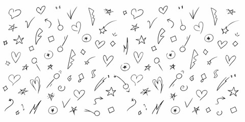 Hand drawn doodle pattern with hearts stars arrows and geometric shapes