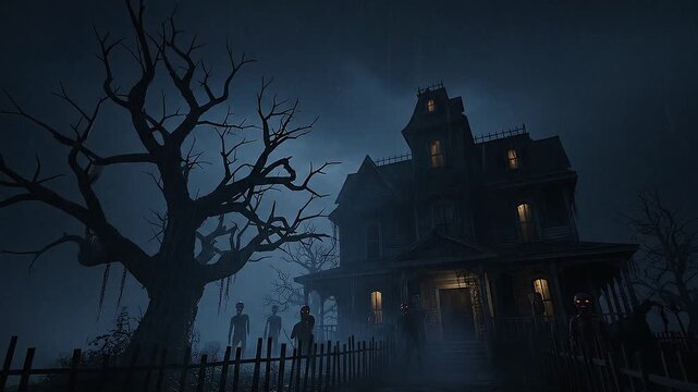 Cinematic shot of a terrifying haunted house on a stormy night. Rain streaks down the camera lens, and a gnarled, dead tree in the foreground is struck by distant lightning