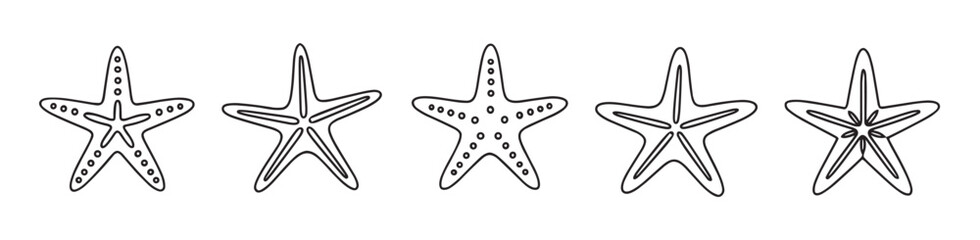 Fototapeta premium Five hand-drawn starfish illustrations in a row, a collection of simple black and white sea star icons with different doodle patterns for a minimalist, nautical themed design