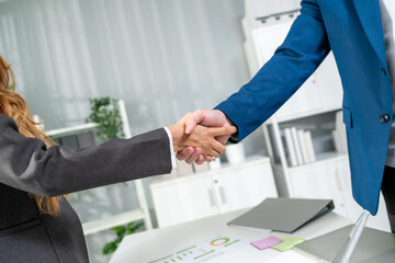 Close up of businessman and businesswoman making handshake in office. 