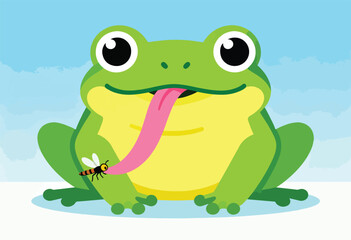 Fototapeta premium A cartoon frog with large eyes and a pink tongue licks at a bee. Blue backdrop and a white base