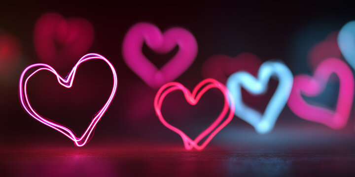 Glowing neon heart shapes in pink and blue colors on dark background with bokeh lights, modern romantic Valentine's Day wallpaper - Powered by Adobe