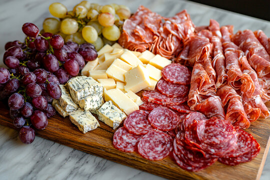 Delicious charcuterie board featuring assorted meats and cheeses with fresh fruit Generative AI - Powered by Adobe
