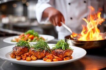 Chef prepares grilled chicken with fresh herbs and a side of salad at a busy kitchen Generative AI