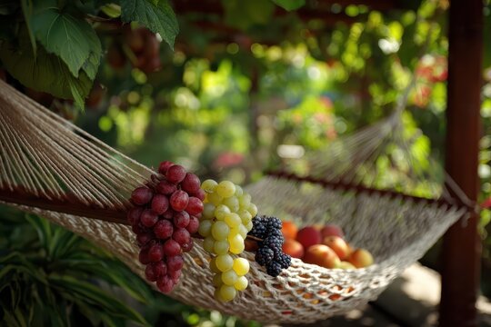 Colorful fruits resting on a cozy hammock in a small home patio surrounded by lush greenery in bright natural light