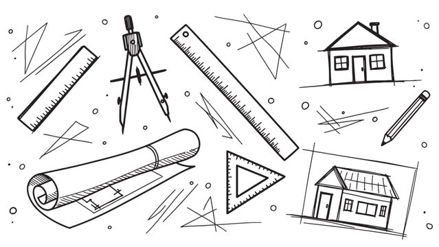 Hand-drawn architectural drafting tools and house sketches in a black and white doodle style illustration showing a creative design and engineering process with rulers and blueprints